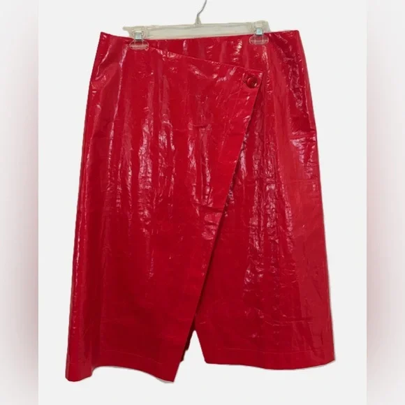 J.CREW Collection Red Laminated Linen Wrap Midi Skirt Size 16 Glossy High Rise - Picture 1 of 15